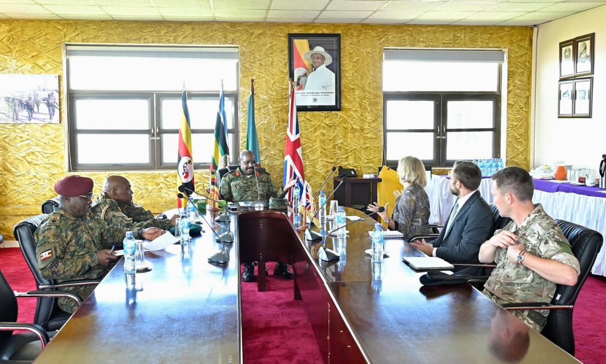 <span>Britain’s high commissioner to Uganda, Kate Airey, and the UK defence attache meet Gen Muhoozi Kainerugaba after his appointment last month. </span><span>Photograph: Handout</span>