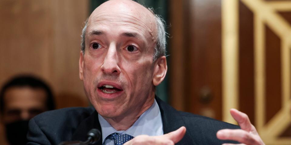 Securities and Exchange Commission, Chairman Gary Gensler speaks and gestures with his hands, during a Senate Banking, Housing, and Urban Affairs Committee hearing on "Oversight of the U.S. Securities and Exchange Commission" on Tuesday, Sept. 14, 2021, in Washington.