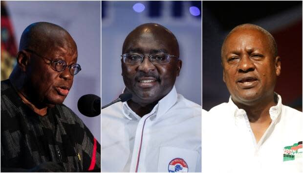 From left, Ghana's current President Nana Akufo-Addo, 80, his Vice-President and presidential candidate Mahamudu Bawumia, 60, and former president and current presidential candidate John Mahama, 65, speak at various events. 