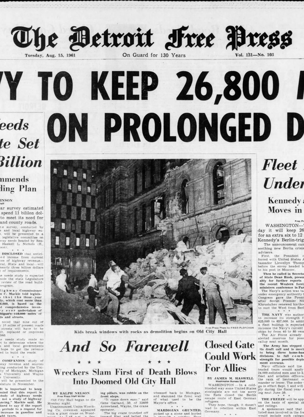 The Aug. 15, 1961, front page of the Free Press described the beginning of the demolition of City Hall.