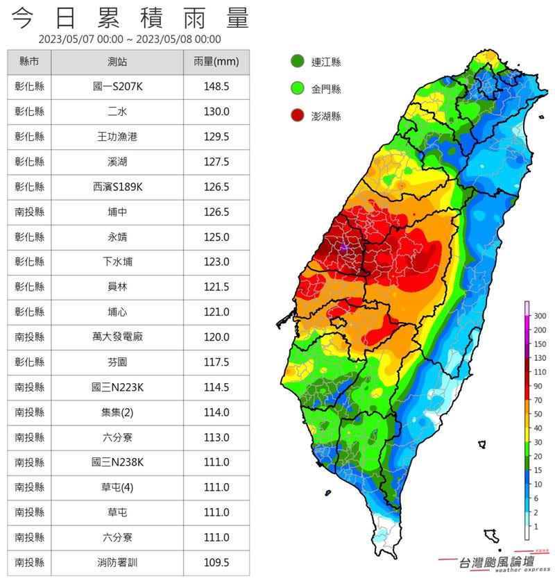 鋒面帶來的雨量驚人，彰化、南投地區單日累積雨量相當可觀。（圖／翻攝自台灣颱風論壇｜天氣特急 臉書）