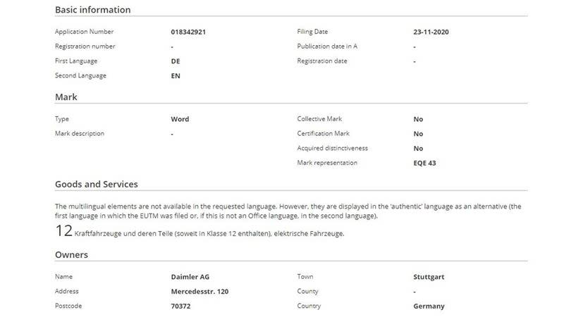 賓士註冊EQE 43車名。（圖／翻攝自歐盟智慧財產局官網）