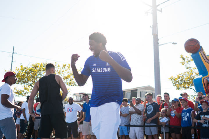 Joel Embiid gets excited at the 76ers' 2016 Beach Bash in Avalon, N.J., on Aug. 27, 2016. (Photo via 76ers)