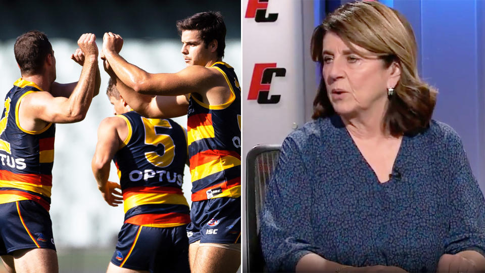 Caroline Wilson is among the many critics of the sanctions handed to the Adelaide Crows by the AFL. Pic: Getty/Channel 9