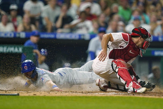 PHILADELPHIA, PA - MAY 21: Nick Castellanos #8 of the Philadelphia Phillies  reacts toward his bench after he hits a double during the game against the  Chicago Cubs at Citizens Bank Park