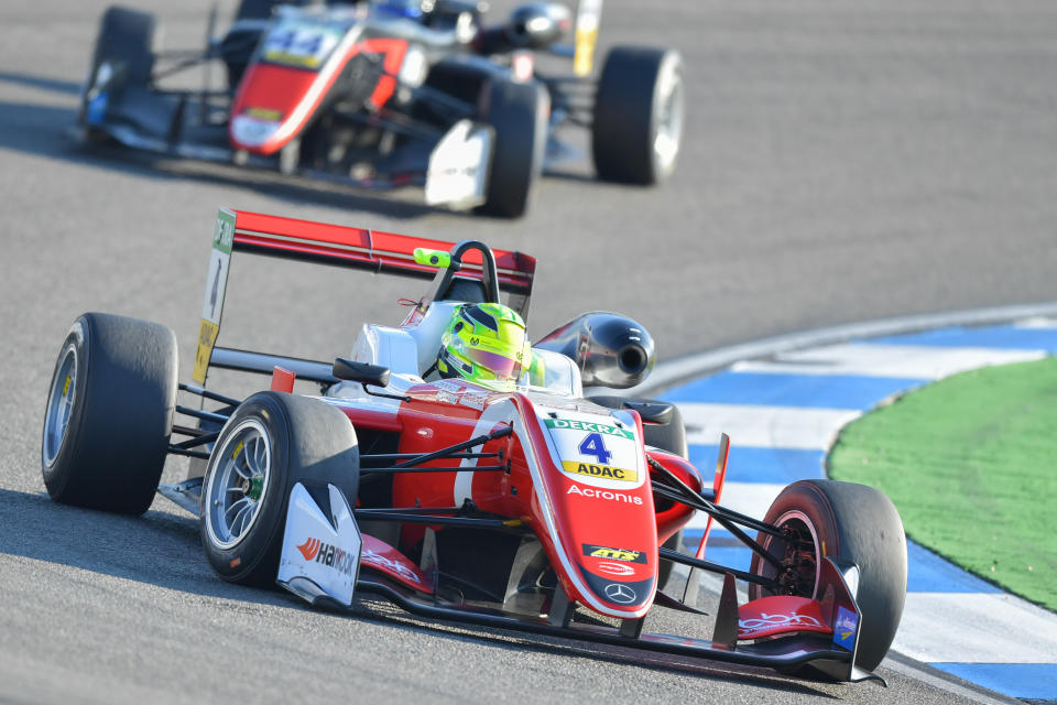 14 October 2018, Baden-Wuerttemberg, Hockenheim: Motorsport: FIA Formula 3 European Championship, 3rd race, at the Hockenheimring. The German racing driver Mick Schumacher from the Prema Powerteam drives on the race track. Photo: Uwe Anspach/dpa (Photo by Uwe Anspach/picture alliance via Getty Images)