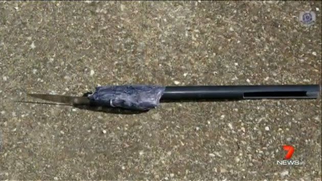 The intruder had three knives, including one attached to a PVC pipe. Photo: 7 News