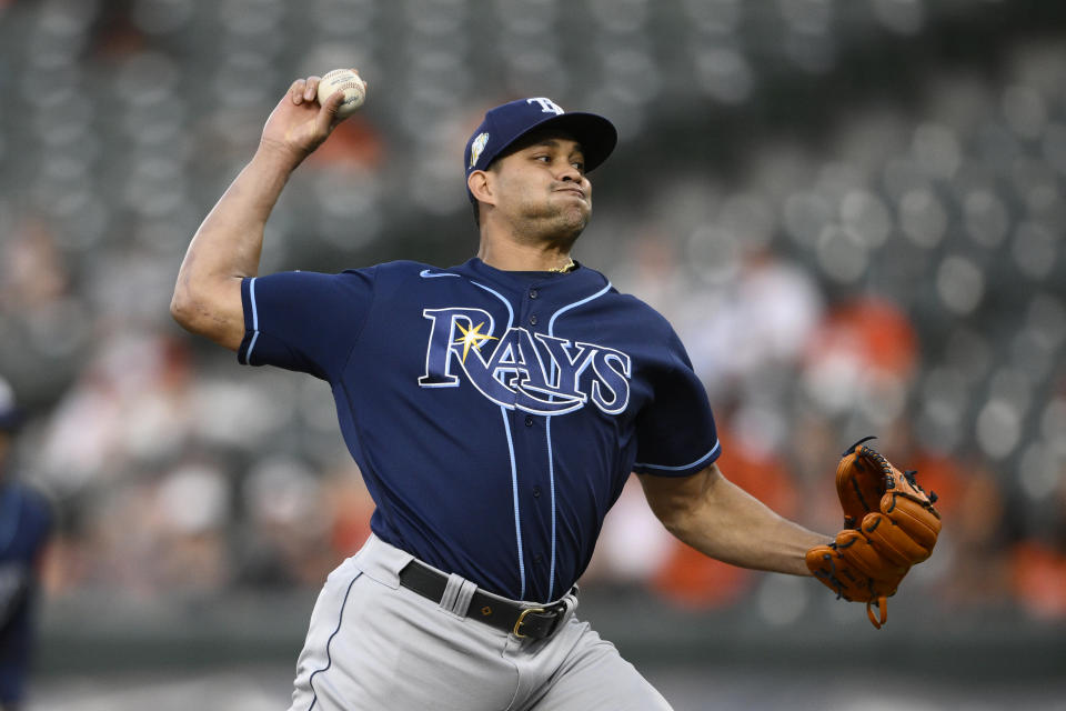 Tampa Bay Rays pitcher Yonny Chirinos throws during the fourth inning of the team's baseball game against the Baltimore Orioles, Wednesday, May 10, 2023, in Baltimore. (AP Photo/Nick Wass)