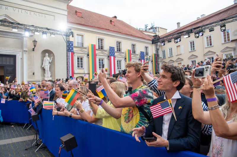 U.S. President Joe Biden (not seen) addresses a crowd at Vilnius University in Vilnius, Lithuania, on July 12, 2023, after the end of the NATO Summit. Photo by Lithuanian President Press Office/ UPI