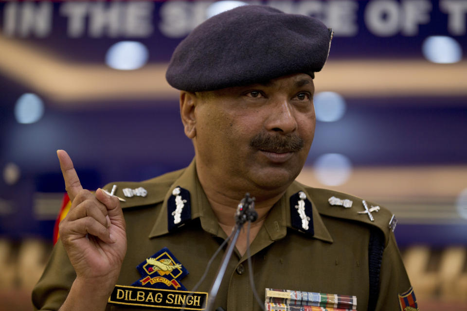 Director General of Police Dilbag Singh speaks during a press conference at police control room in Srinagar, Indian-controlled Kashmir, Wednesday, Oct. 23, 2019. Police in Indian-controlled Kashmir say government forces killed three militants during a gunbattle in a southern village late Tuesday. (AP Photo/ Dar Yasin)