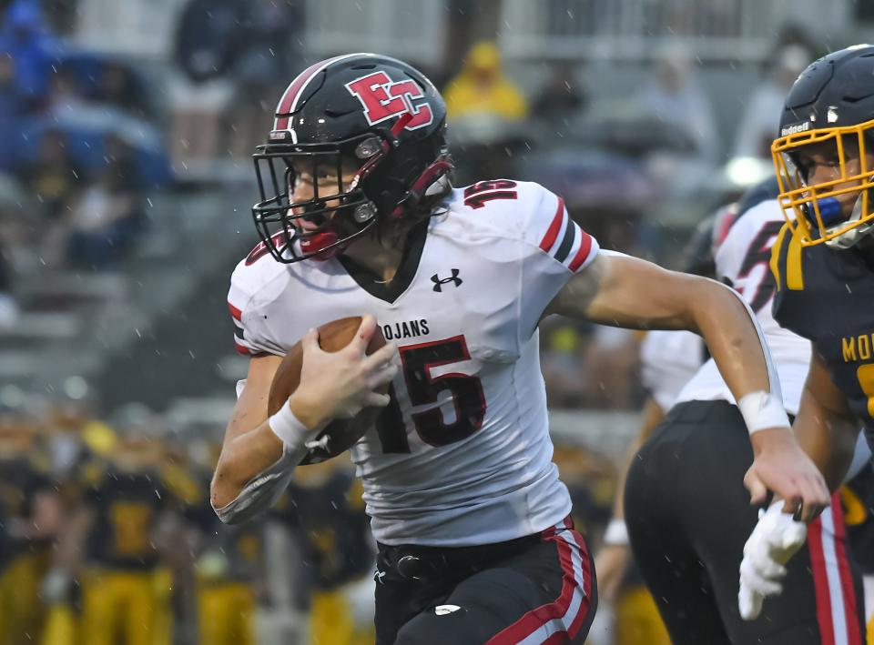 Josh Ringer of East Central runs the ball against Moeller at Shea Stadium on Saturday, Sept. 3, 2022.