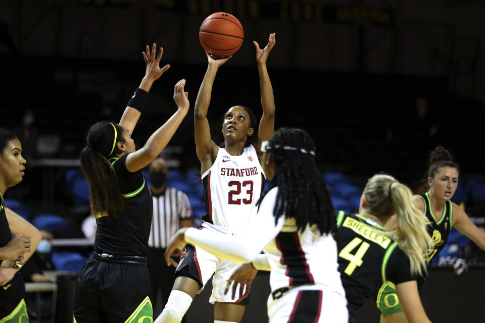 Stanford guard Kiana Williams shoots against Oregon during the first half of an NCAA college basketball game in Santa Cruz, Calif., Friday, Jan. 8, 2021. (AP Photo/Jed Jacobsohn)