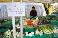 A sign is pictured at the stand at "Le Domaine des Biolettes" farm, a supplier of Farmy.ch, an online shop for home delivery of regional and organic products,