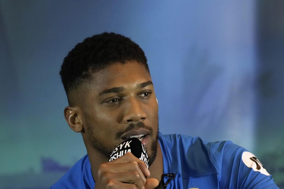 Britain's Anthony Joshua speaks during a press conference in Jeddah, Saudi Arabia, Wednesday, Aug. 17, 2022. Joshua is due to fight defending champion Ukraine's Oleksandr Usyk in a heavyweight boxing rematch in Jeddah on Aug. 20. (AP Photo/Hassan Ammar)