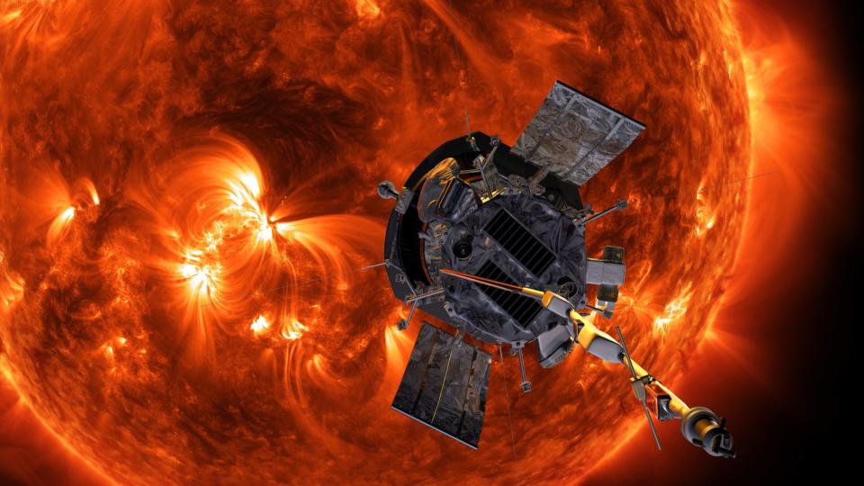Ein künstlerisches Konzept der NASA-Mission Parker Solar Probe, die an der Sonne vorbeifliegt. - Copyright: NASA/Johns Hopkins APL/Steve Gribben