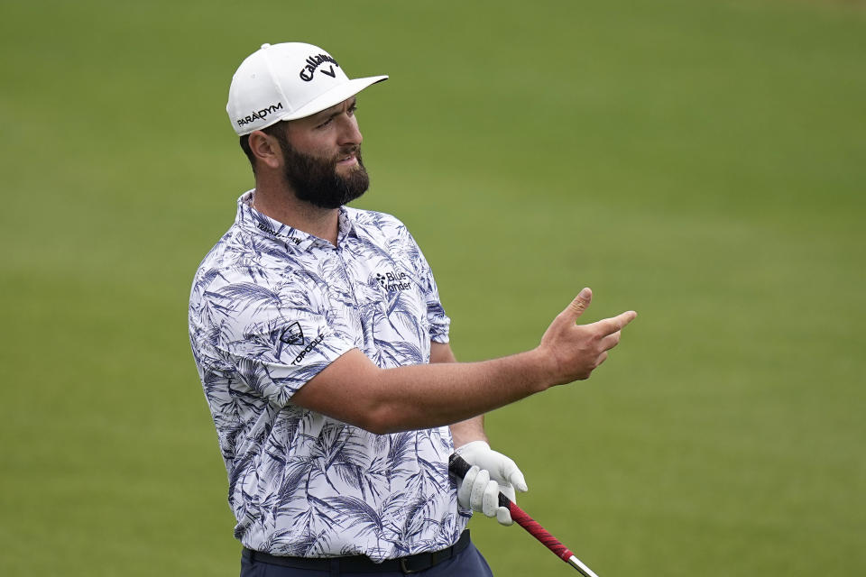 Jon Rahm, of Spain, reacts to his shot on the second hole during the first round of the Dell Technologies Match Play Championship golf tournament in Austin, Texas, Wednesday, March 22, 2023. (AP Photo/Eric Gay)