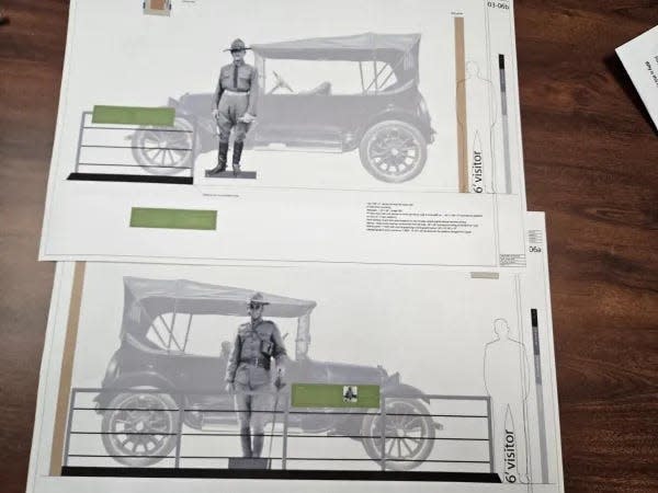 Here are some preliminary ideas to showcase a Dodge touring car, one of five presented to then Brig. Gen. John Pershing while he was stationed at Fort Bliss. Museum officials said it is possible that the car was among those that were part of the Punitive Expedition into Mexico in 1916. Images of Pershing, top, and then Lt. George Patton, one of Pershing’s aides, are part of the presentation. The car is under plastic during the $3.5 million renovation at the Fort Bliss Museums.