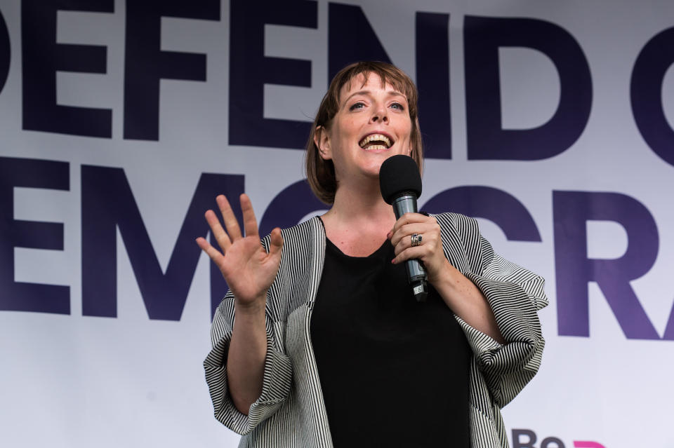 LONDON, UNITED KINGDOM - SEPTEMBER 04: Labour Party MP Jess Phillips speaks to thousands of pro-EU demonstrators gathered for a cross-party rally in Parliament Square, organised by the People's Vote Campaign on 04 September, 2019 in London, England, to protest against Boris Johnson's Brexit strategy which involves leaving the EU on 31 October 2019 with or without an exit deal. (Photo credit should read Wiktor Szymanowicz / Barcroft Media via Getty Images)