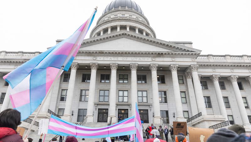 Demonstrators are seen on the steps of the Capitol protesting in opposition to HB257 in Salt Lake City on Thursday. Utah Gov. Spencer Cox signed HB257 into law Tuesday night, along with another controversial bill. 