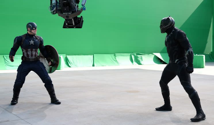 Black Panther on set for Captain America: Civil War - Credit: Marvel