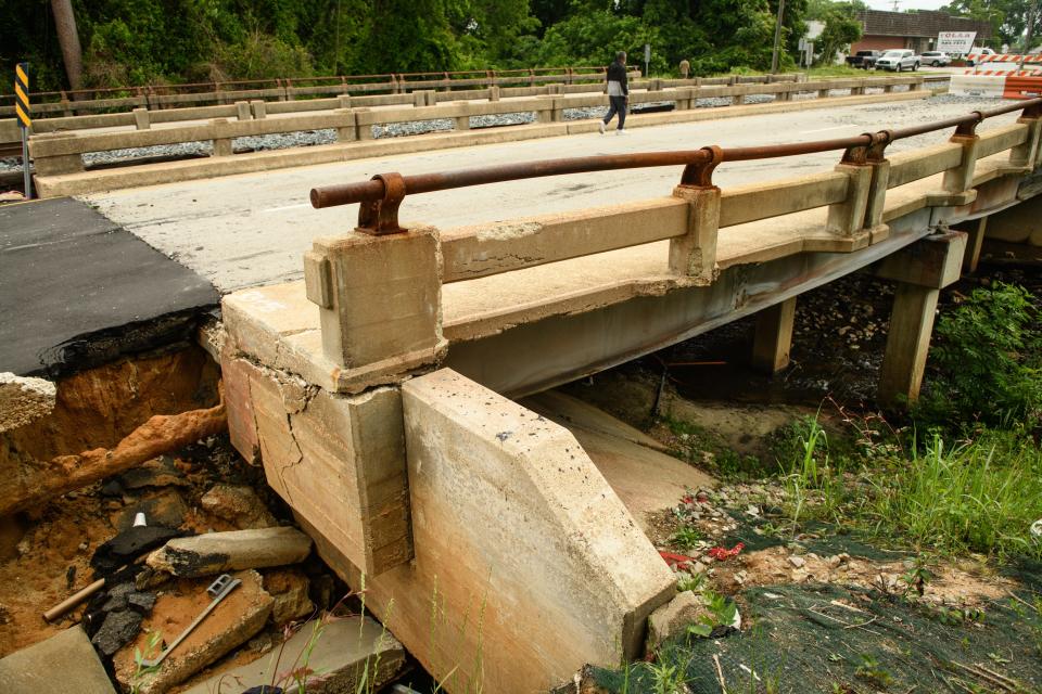 The eastbound lane of the East Russell Street Bridge near Old Wilmington Road is closed due to damage caused by a gas leak fire in December.