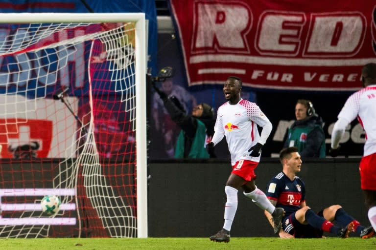 Leipzig's midfielder Naby Keita celebrates scoring against Bayern Munich