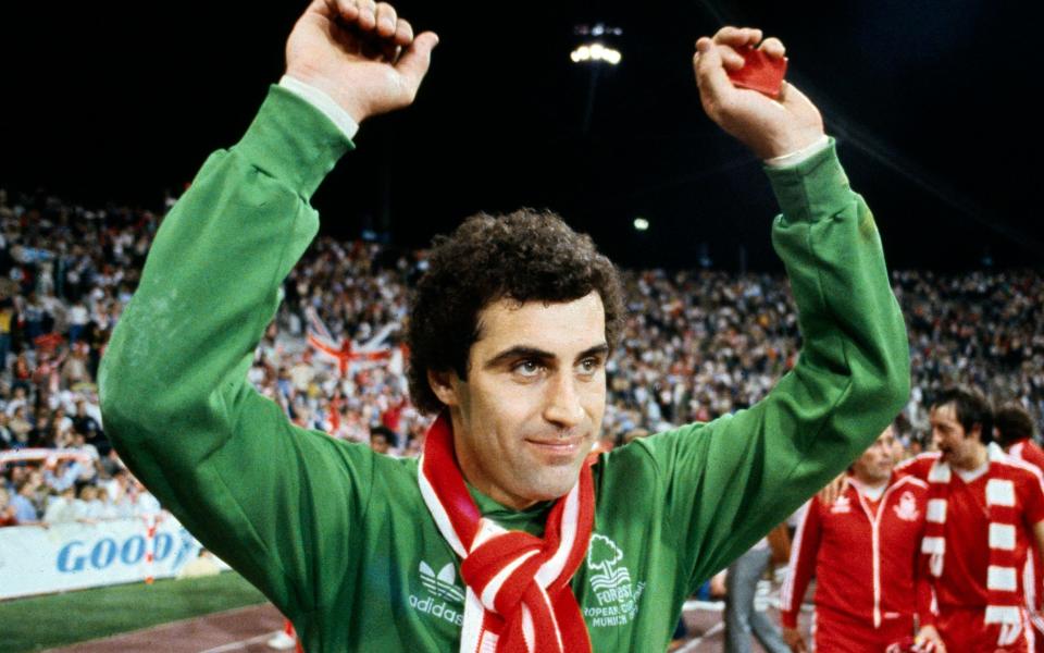 Peter Shilton celebrates winning the 1979 European Cup with Nottingham Forest