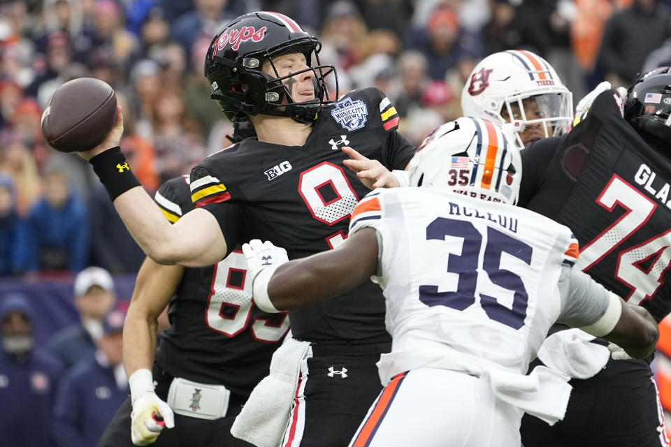 Maryland quarterback Billy Edwards Jr. (9) looks to throw a pass during the first half of the Music City Bowl NCAA college football game against Auburn, Saturday, Dec. 30, 2023, in Nashville, Tenn. (AP Photo/George Walker IV)