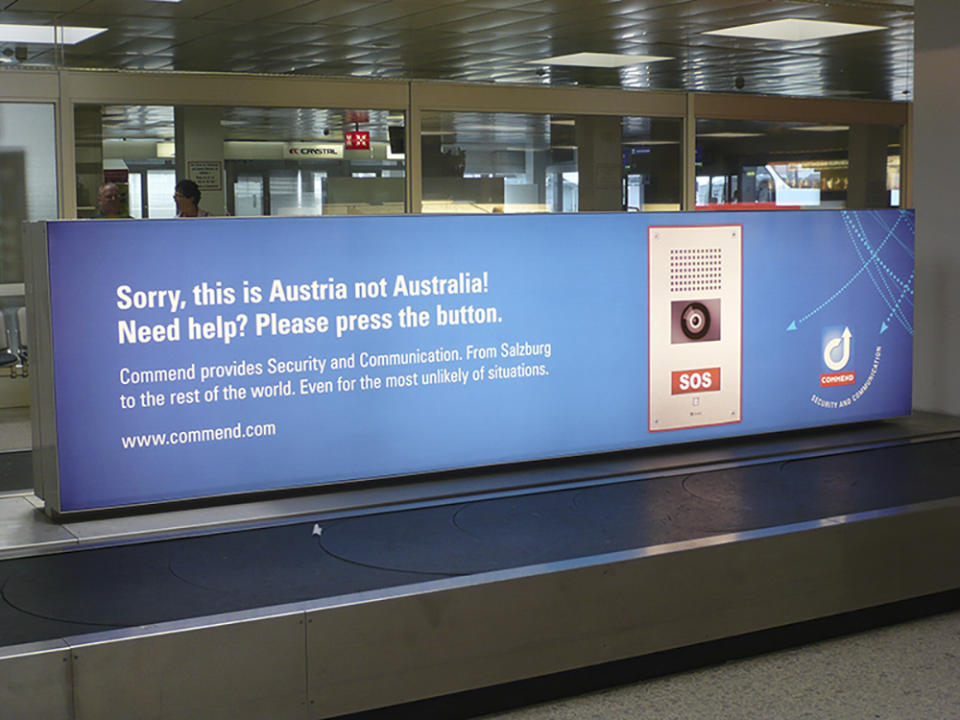 This undated photo provided by Commend International shows Salzburg Airport in Austria. On Friday, Nov. 3, 2023, The Associated Press reported on stories circulating online incorrectly claiming Salzburg Airport has a help desk specifically for people who intended to fly to Australia.(Commend International/Salzburg Airport via AP)