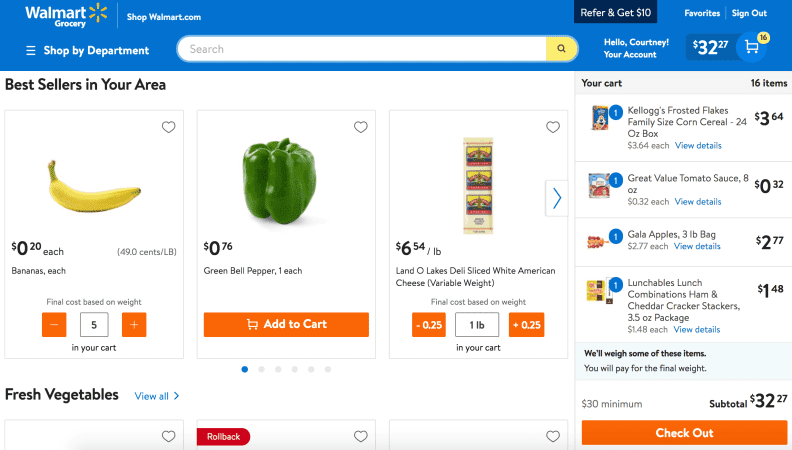 The homepage of Walmart's grocery page, including the items currently in cart.