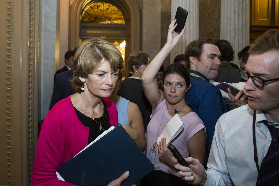 Sen. Lisa Murkowski, R-Alaska, leaves the Senate chamber after a vote on a stripped-down, or “skinny repeal,” version of Obamacare on July 28. (Photo: Zach Gibson/Getty Images)