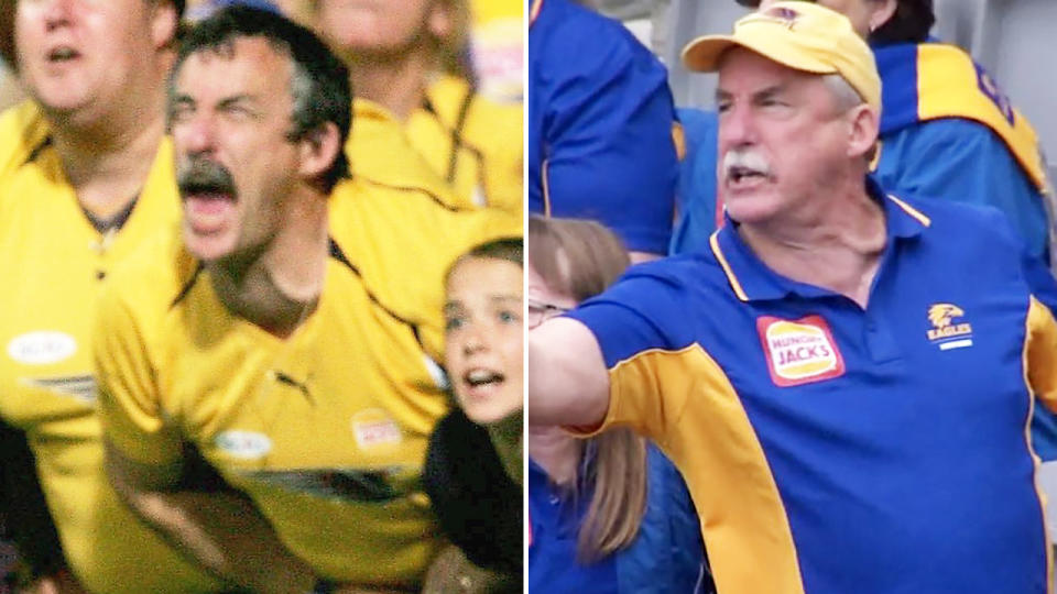 The West Coast Eagles fan, pictured here in 2006 and 2020.