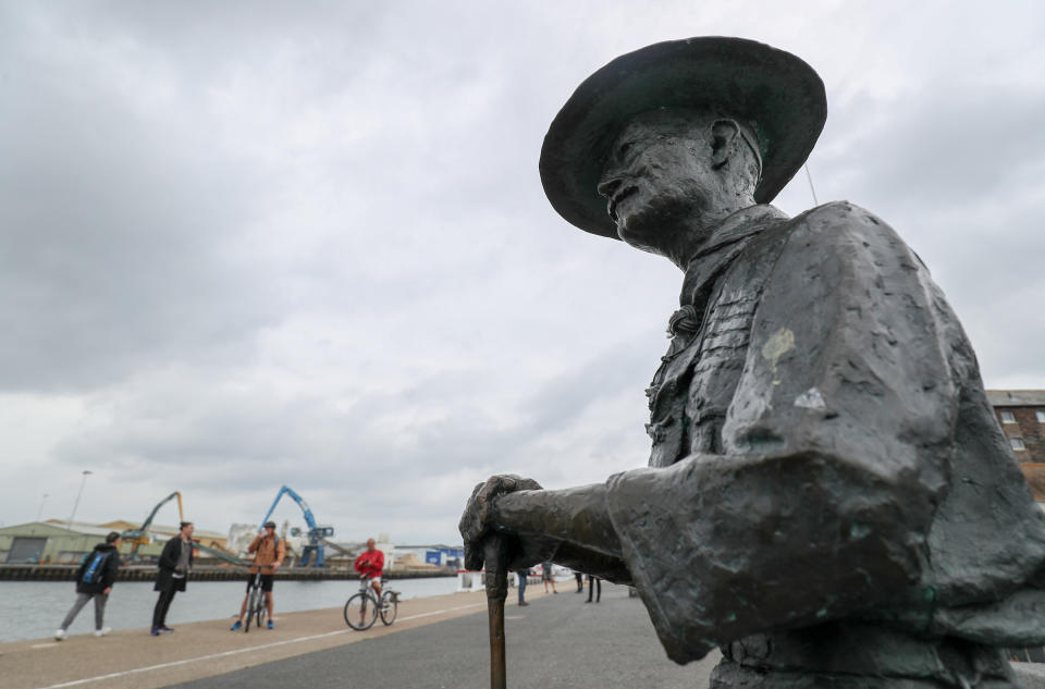 A statue of Robert Baden-Powell on Poole Quay in Dorset ahead of its expected removal to "safe storage" following concerns about his actions while in the military and "Nazi sympathies". The action follows a raft of Black Lives Matter protests across the UK, sparked by the death of George Floyd, who was killed on May 25 while in police custody in the US city of Minneapolis.