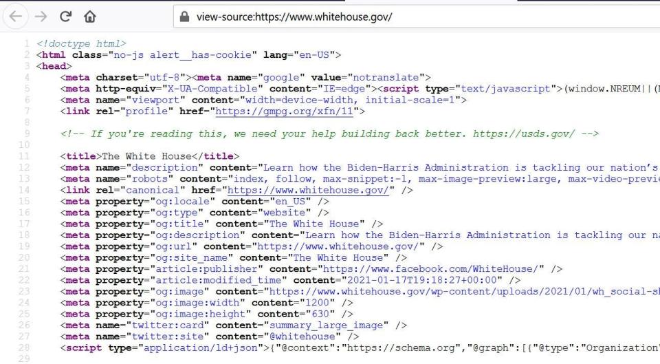 White House homepage source code screenshot.