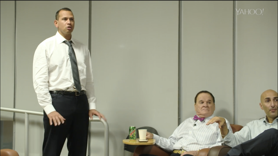 A-Rod, Pete Rose and Fox Sports' vice president Bardia Shah-Rais during production. (Yahoo Sports)