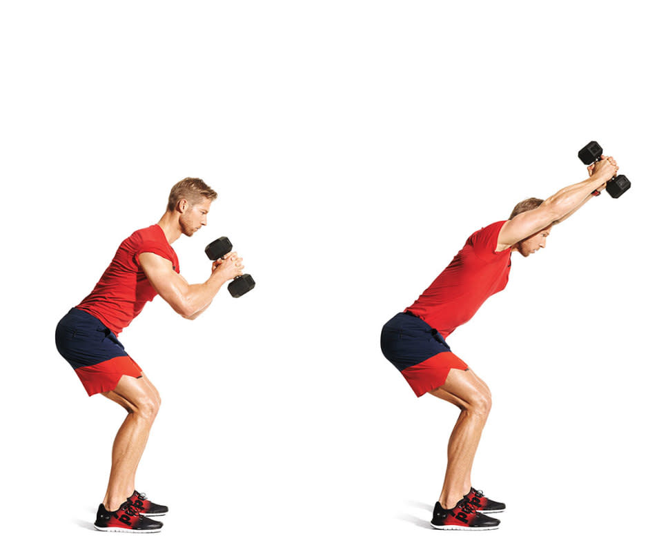 How to do it:<ul><li>Grasp a light dumbbell or kettlebell with both hands and, keeping your lower back arched, bend your hips back until your torso makes a 45-degree angle.</li><li>Hold the weight at shoulder level as you would to do a normal overhead press, then press it at that angle. Hold the need position for a moment.</li></ul>