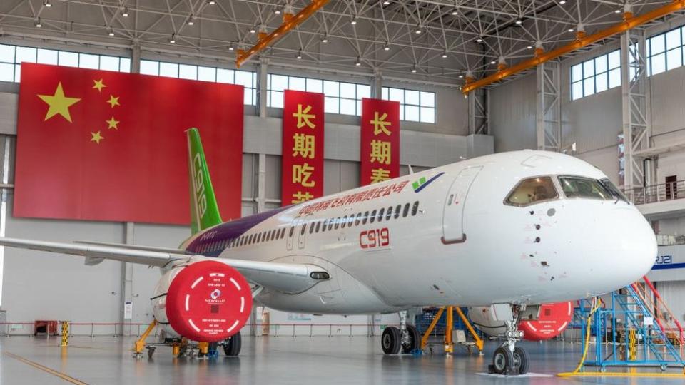 Commercial Aircraft Corporation of China (COMAC) C919 narrow-body airliner is on display during the 2021 China Aviation Industry Conference And Nanchang Air Show on October 30, 2021 in Nanchang, Jiangxi Province of China