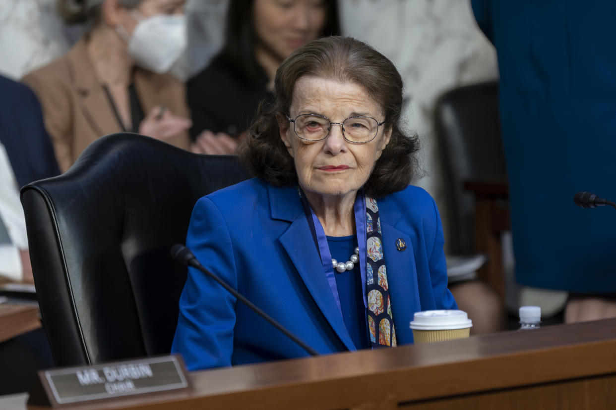 Sen. Dianne Feinstein, D-Calif., returns to the Senate Judiciary Committee following a more than two-month absence at the Capitol in Washington, Thursday, May 11, 2023. (J. Scott Applewhite/AP)