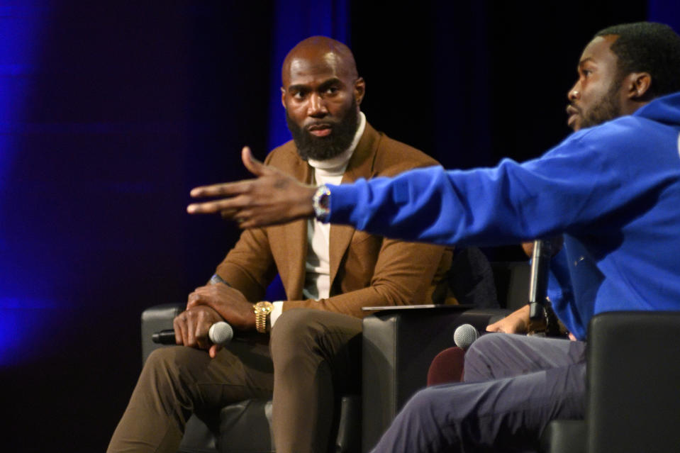 Malcolm Jenkins listen as Meek Mill speaks during the Players Coalition Town Hall on Policing in the city, at Community College of Philadelphia, PA, on October 28 2019. (Photo by Bastiaan Slabbers/NurPhoto via Getty Images)