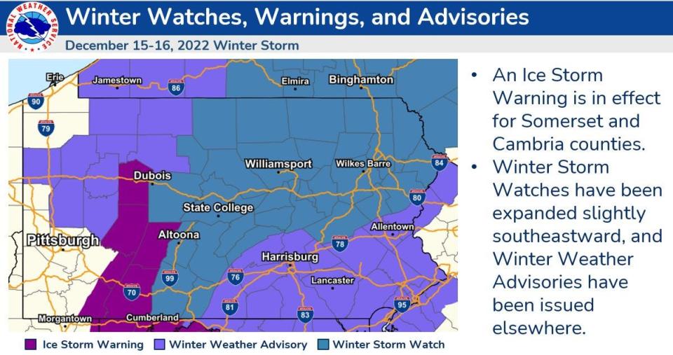 The National Weather Service has issued a winter weather advisory for south-central Pennsylvania. The area could see one to three inches of snow and ice.