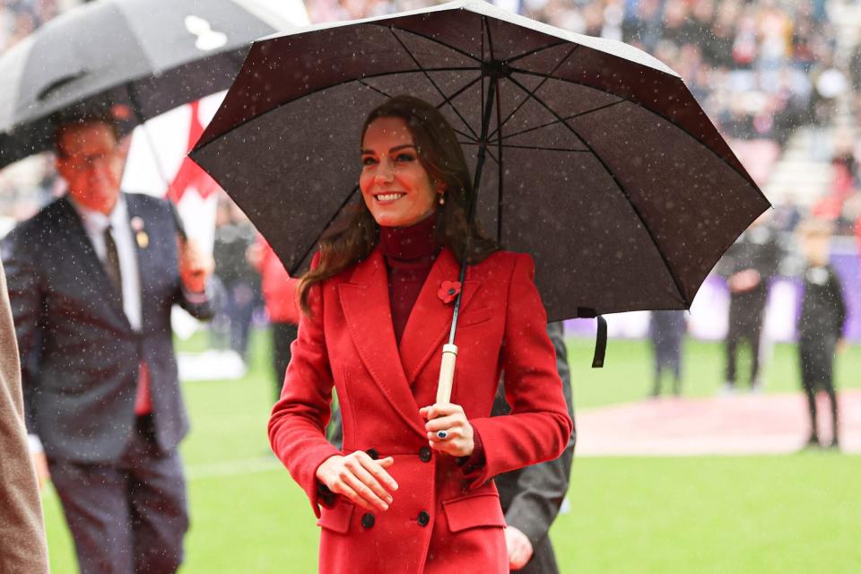 Mandatory Credit: Photo by Paul Currie/Shutterstock (13608439a) Catherine, Princess of Wales Duchess of Cambridge before the start of the match England v Papua New Guinea, Rugby League World Cup 2021, Quarter Final, Rugby League, DW Stadium, Wigan, UK - 05 Nov 2022