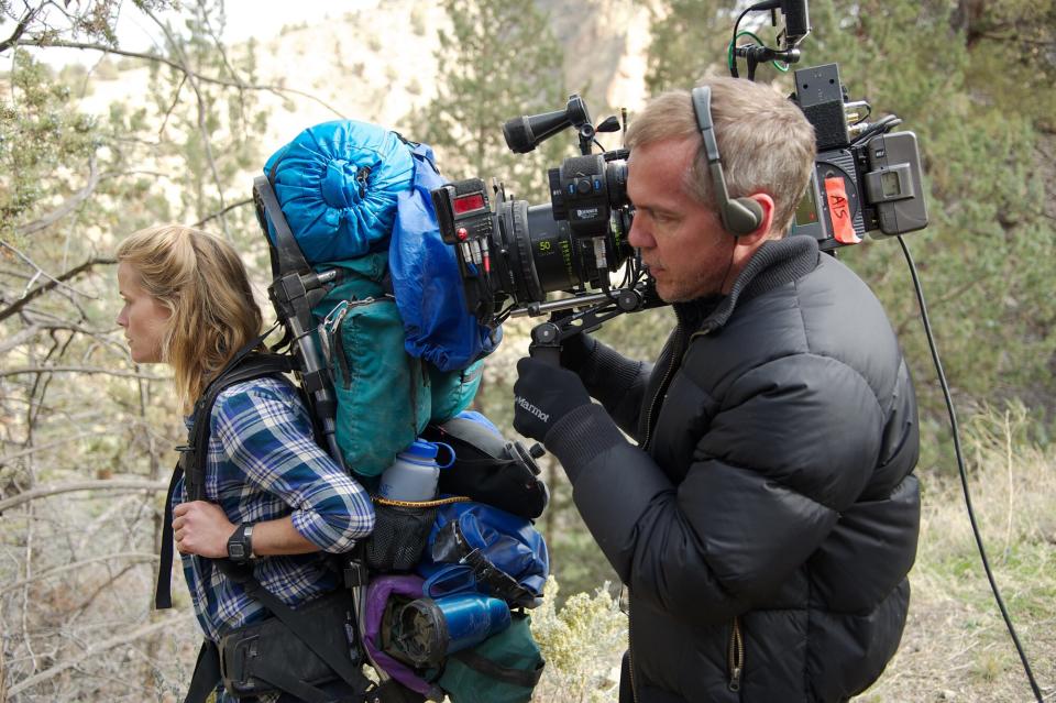 WILD, from left: Reese Witherspoon, director Jean-Marc Vallee, on set, 2014