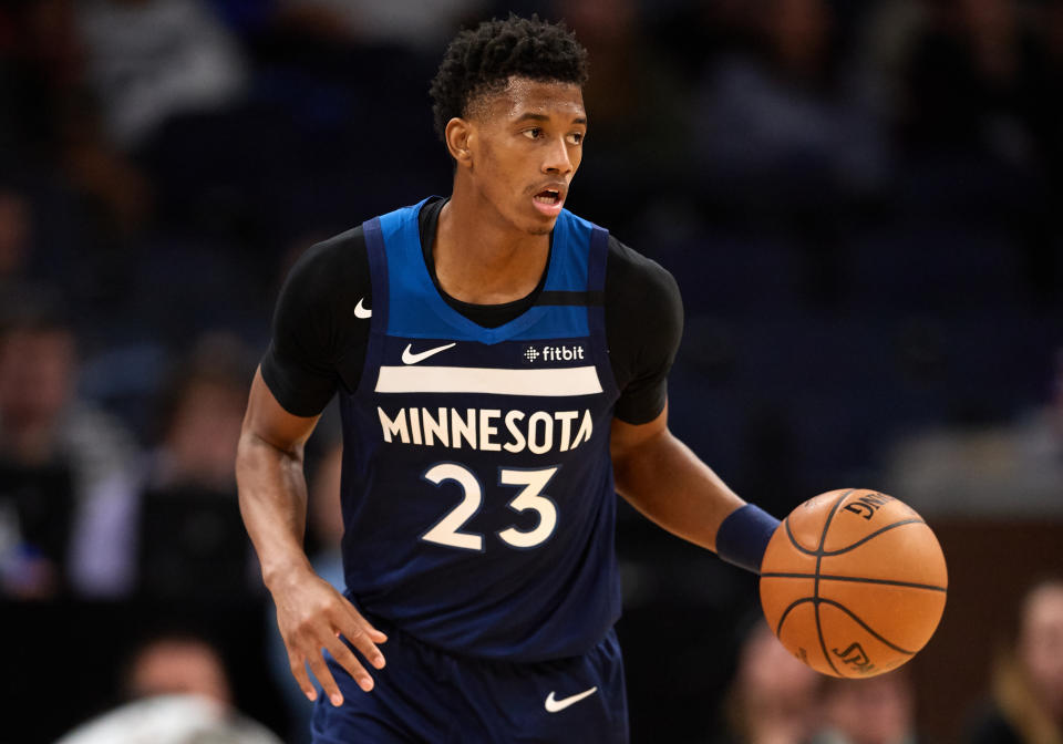 Jarrett Culver #23 of the Minnesota Timberwolves dribbles the ball against the Portland Trail Blazers 