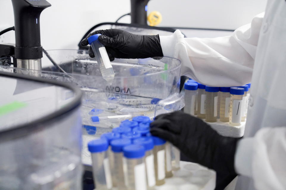 A lab technician tests wastewater samples from around the U.S. for COVID-19 at Biobot Analytics in Cambridge, Mass.