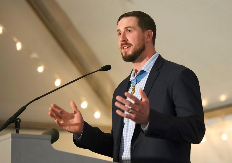 Ryan Pitts, Medal of Honor recipient, who was the main speaker.The Steven A. Cohen Military Family Clinic at Red Rock grand opening ceremony for the Oklahoma City location, Tuesday, Oct. 24, 2023