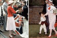 <p>During a walkabout on April 14, 1983, in Melbourne, Australia, Princes Diana wore a cheerful polka-dot dress underneath a red blazer.</p><p>Six years later, her sister Lady Sarah McCorquodale wore a very similar dress (if not the same exact one, just tailored differently and styled with a new collar) to her brother Charles Spencer's wedding to Victoria Lockwood on September 16, 1989, where <a href="https://www.townandcountrymag.com/society/tradition/g9536203/prince-william-harry-page-boys/" rel="nofollow noopener" target="_blank" data-ylk="slk:Prince Harry was a page boy;elm:context_link;itc:0;sec:content-canvas" class="link ">Prince Harry was a page boy</a>.</p>