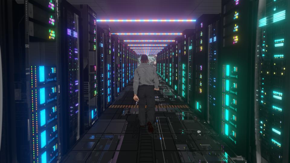 Man Moving Through Data Center with Server Racks LED Lights
