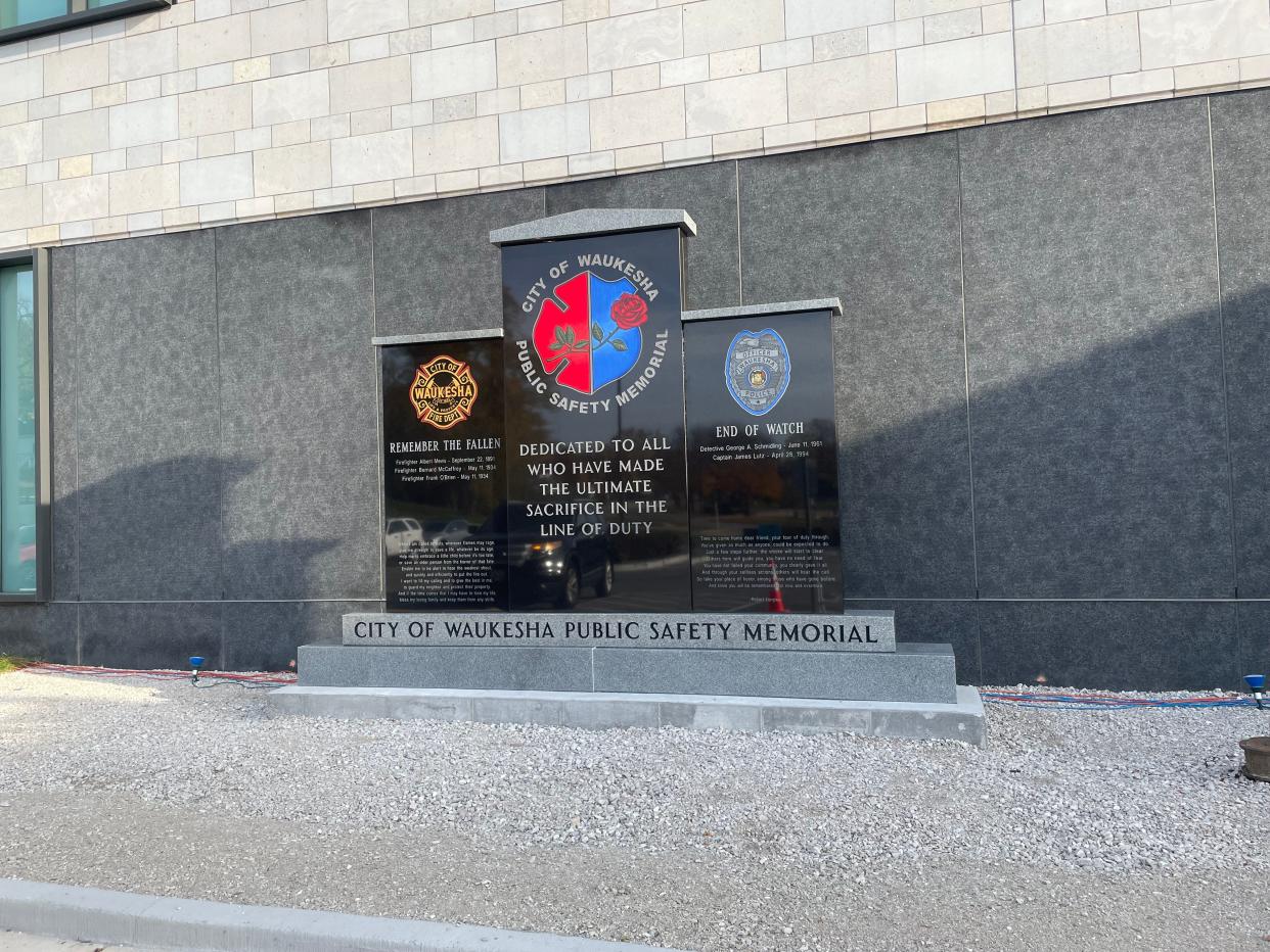 The City of Waukesha Public Safety Memorial sits partially complete outside Waukesha City Hall. A fundraiser has been launched to offset memorial costs through the sale of personalized bricks and other items. The bricks will surround the memorial, creating a plaza with benches, prior to its September 2023 dedication.