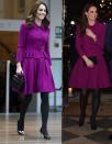 <p>The then-Duchess of Cambridge rewore a fuchsia Oscar de la Renta skirt suit to <a href="https://www.townandcountrymag.com/style/fashion-trends/a25906173/kate-middleton-royal-opera-house-oscar-de-la-renta-suit-photos/" rel="nofollow noopener" target="_blank" data-ylk="slk:visit the Royal Opera House;elm:context_link;itc:0;sec:content-canvas" class="link ">visit the Royal Opera House </a>on Wednesday, January 16. She originally wore the look to a Guild of Health Writers conference with Prince William on February 6, 2017. </p>