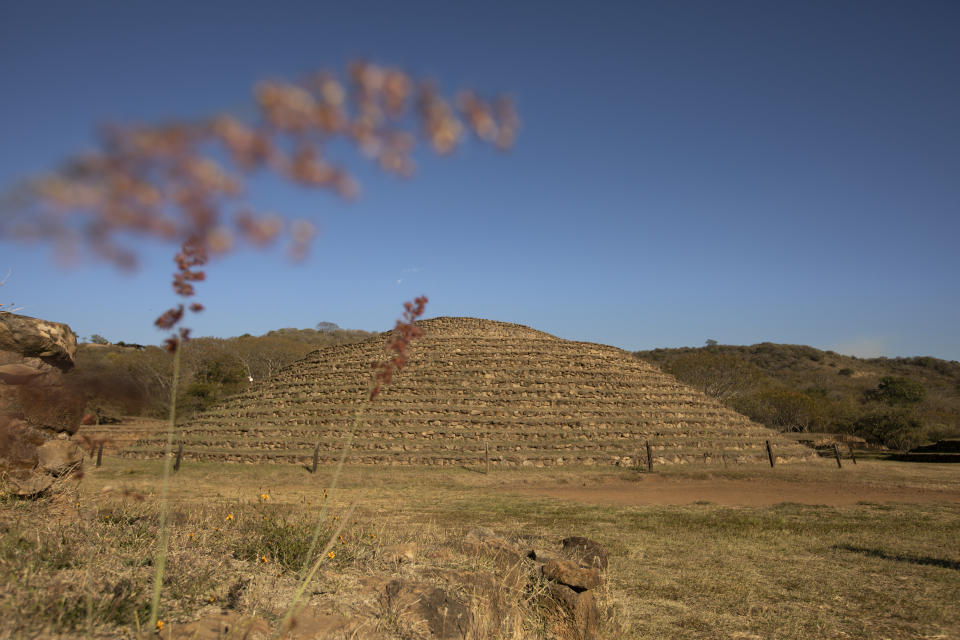 Afternoon view of the ancient circular pyramids of Guachimontones, dating back over 2300 years old, found above the city of Teuchitlán, Jalisco, Mexico.